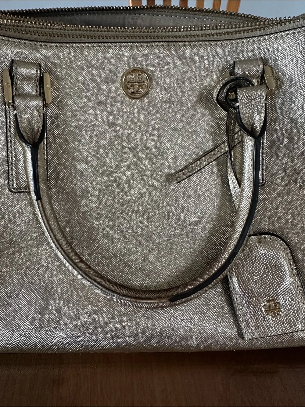 Tory Burch Metallic Gold Saffiano Satchel with Detachable Strap